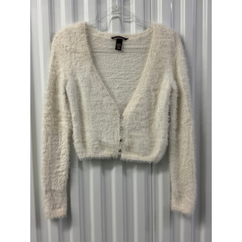 Victoria's Secret Cardigan Womens S Ivory Good Fuzzy Eyelash Knit Crystal Button